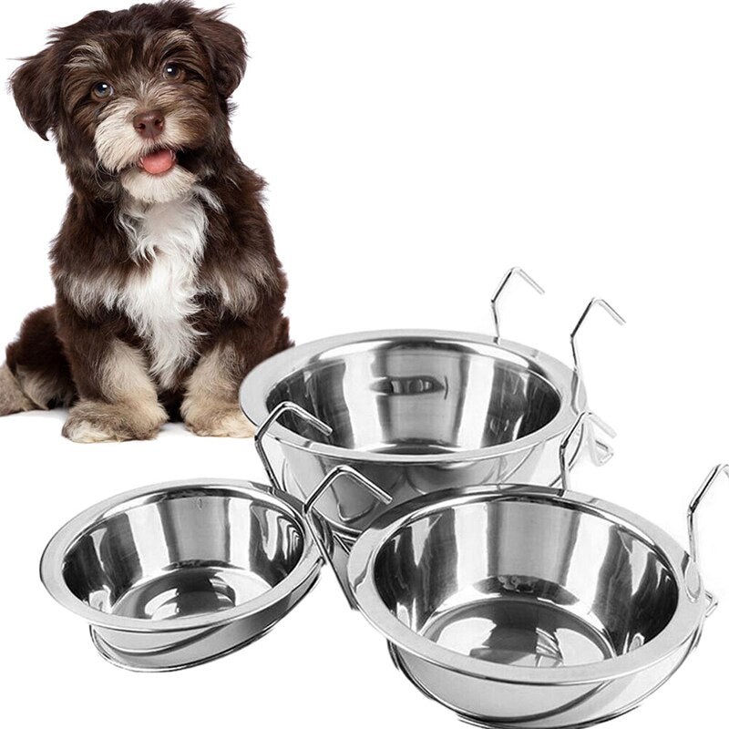 2019 Pet Stainless Steel Hang-on Bowl Metal Dog Bowl Rabbit Bird Puppy Food Water Cage Cup Clamp Holder Dogs Dish Feeder Goods