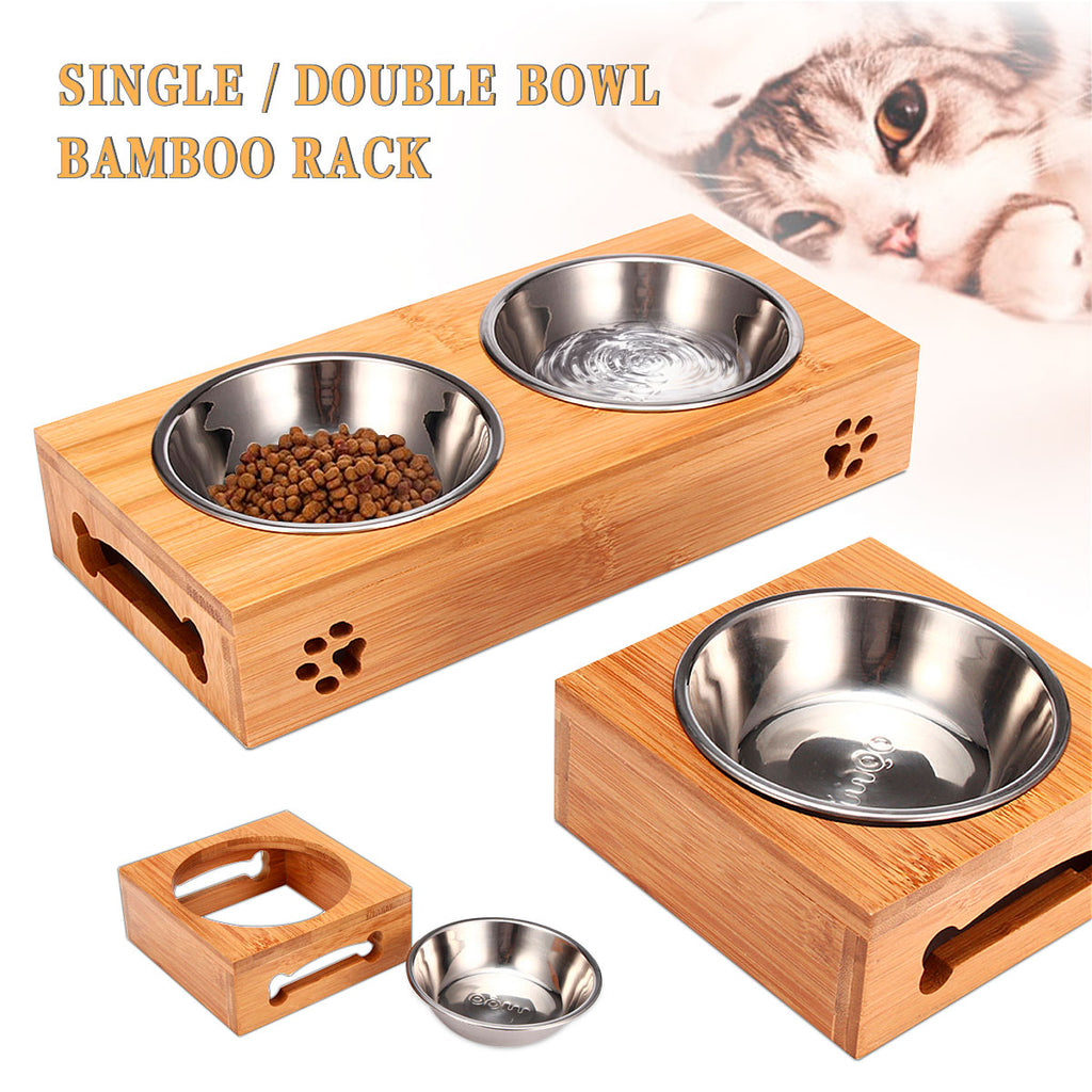 Double Single Dog Bowls for Pet Puppy Stainless Steel Bamboo Rack Food Water Bowl Feeder Pet Cats Feeding Dishes Dogs Drink Bowl